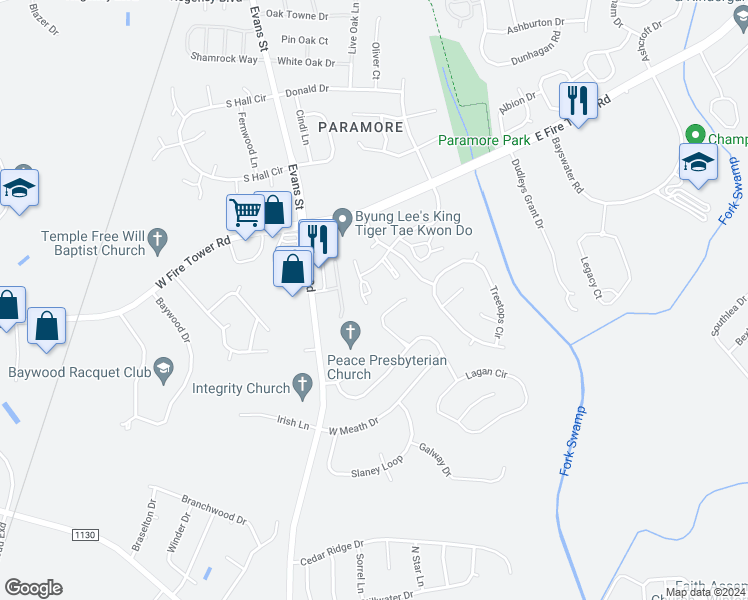 map of restaurants, bars, coffee shops, grocery stores, and more near 362 Hidden Branches Close in Winterville