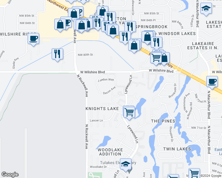 map of restaurants, bars, coffee shops, grocery stores, and more near 6815 Saxon Drive in Oklahoma City
