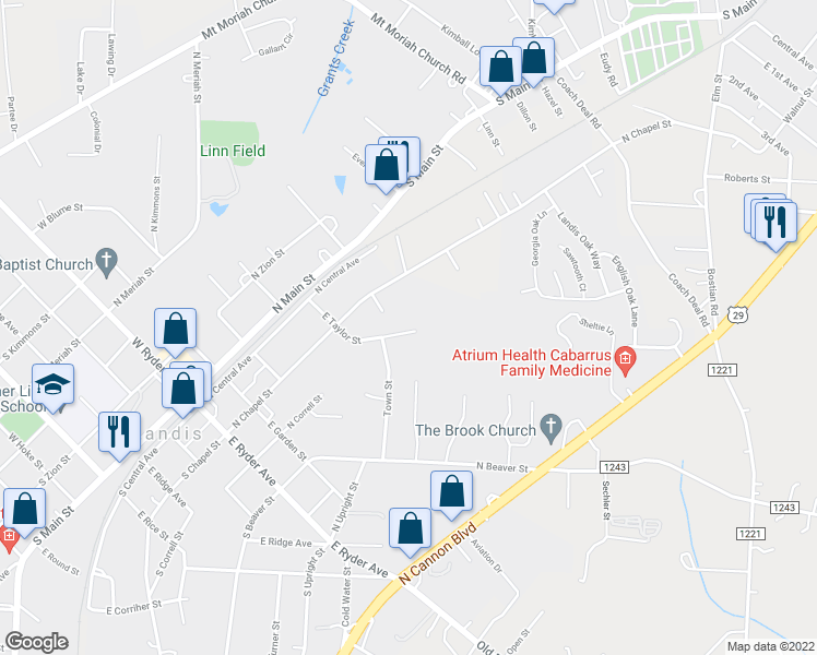 map of restaurants, bars, coffee shops, grocery stores, and more near 407 East Taylor Street in Landis
