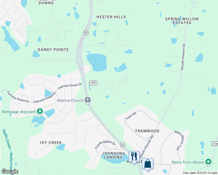 map of restaurants, bars, coffee shops, grocery stores, and more near 7909 Denson Road in Wake County
