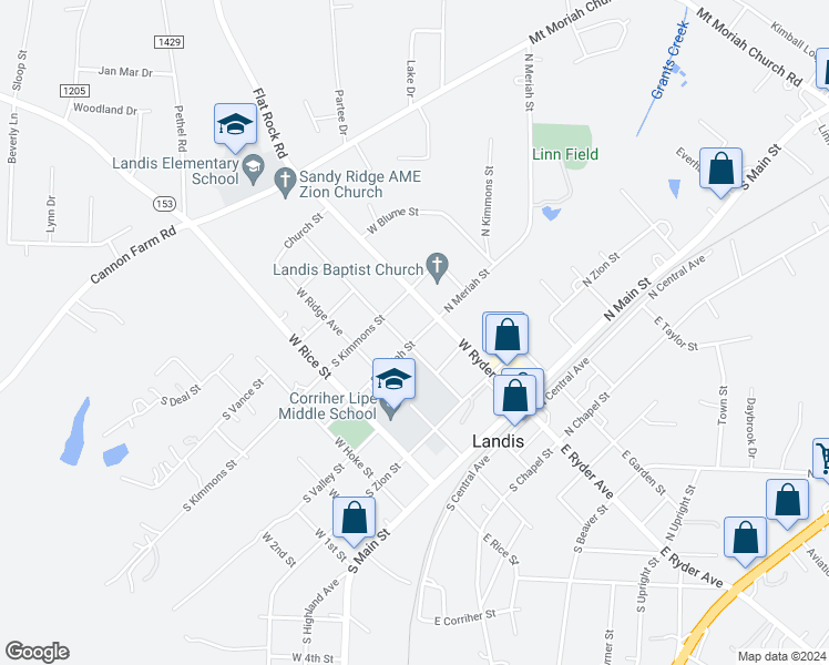 map of restaurants, bars, coffee shops, grocery stores, and more near 110 South Meriah Street in Landis