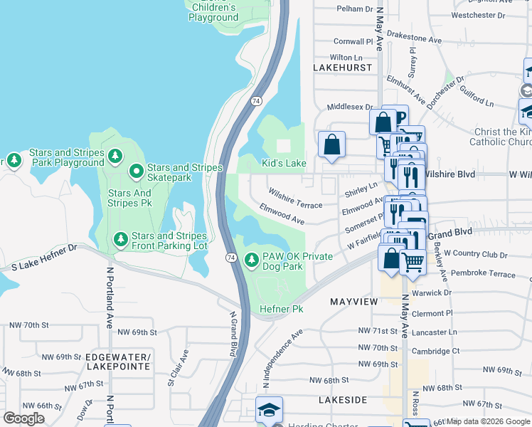map of restaurants, bars, coffee shops, grocery stores, and more near 3200 Elmwood Avenue in Oklahoma City
