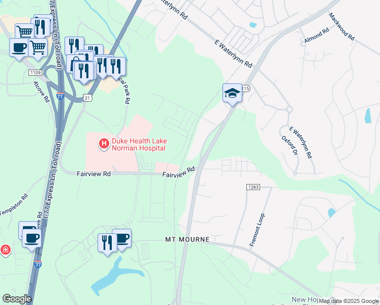 map of restaurants, bars, coffee shops, grocery stores, and more near Leslie Loop in Mooresville