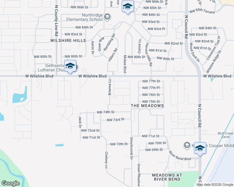 map of restaurants, bars, coffee shops, grocery stores, and more near Brianna Lane in Oklahoma City