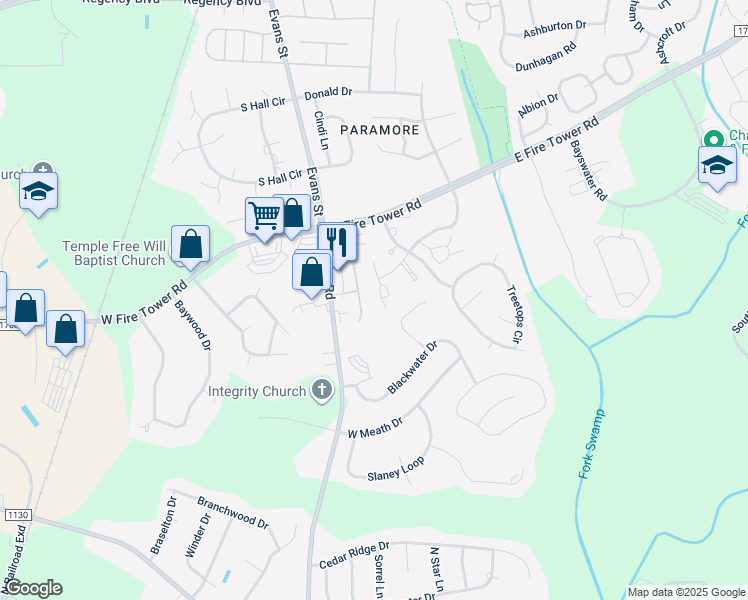 map of restaurants, bars, coffee shops, grocery stores, and more near 422 Hidden Branches Close in Winterville