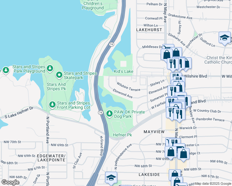 map of restaurants, bars, coffee shops, grocery stores, and more near 3200 Elmwood Avenue in Oklahoma City