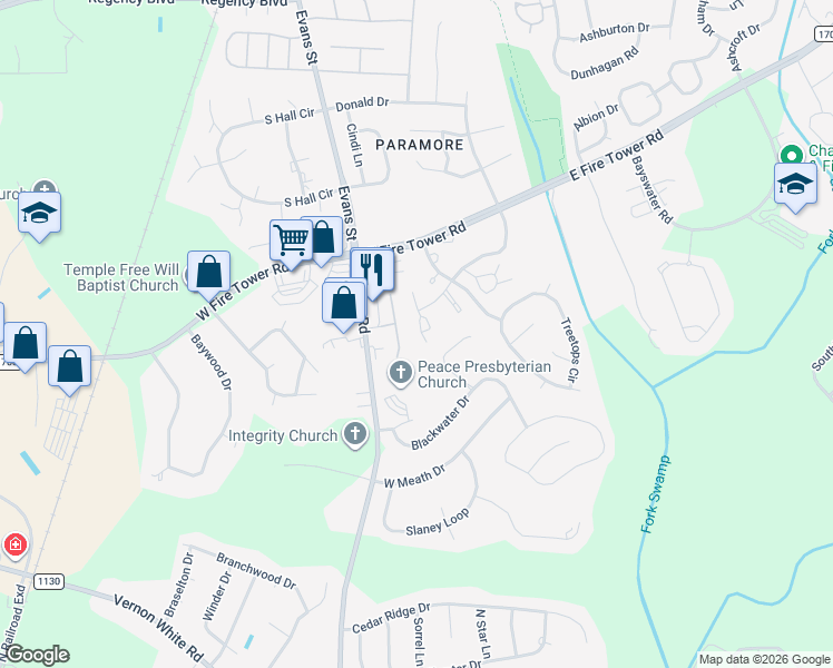 map of restaurants, bars, coffee shops, grocery stores, and more near 362 Hidden Branches Close in Winterville