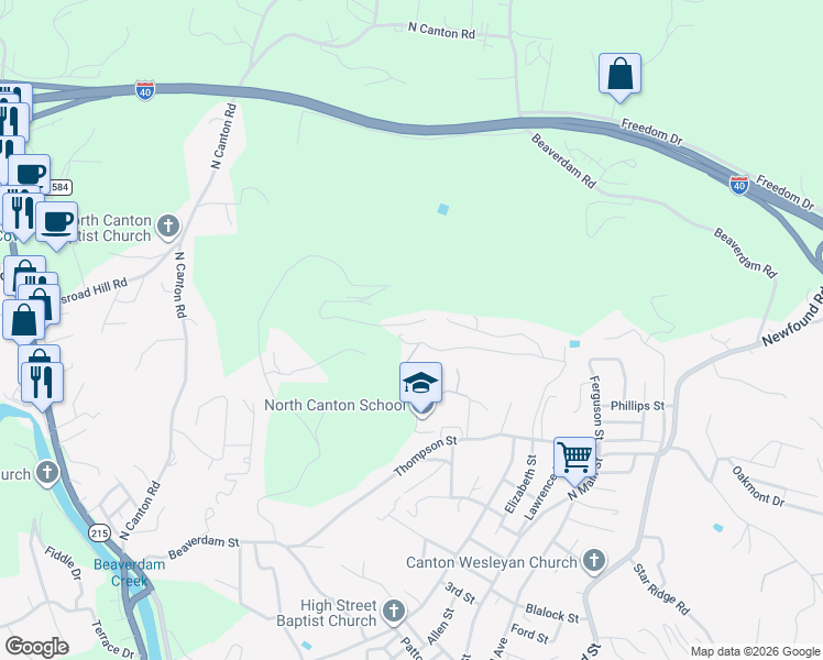 map of restaurants, bars, coffee shops, grocery stores, and more near 376 Warner Road in Canton