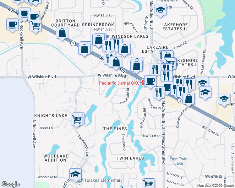 map of restaurants, bars, coffee shops, grocery stores, and more near 6229 Brookside Drive in Oklahoma City