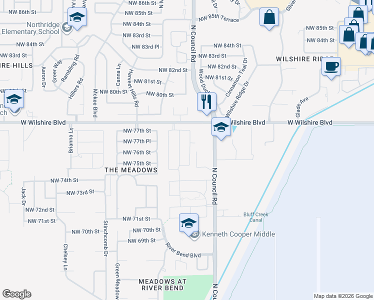 map of restaurants, bars, coffee shops, grocery stores, and more near 7608 Leichter Avenue in Oklahoma City