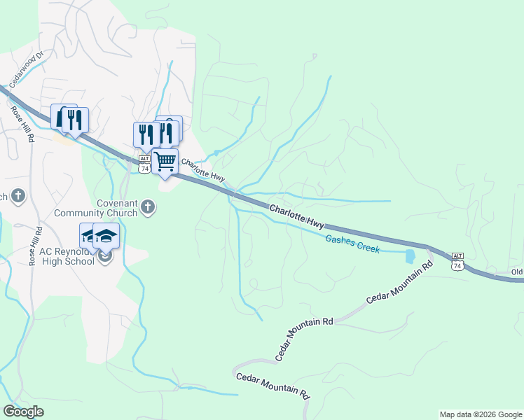 map of restaurants, bars, coffee shops, grocery stores, and more near 1120 Gashes Ridge Lane in Asheville