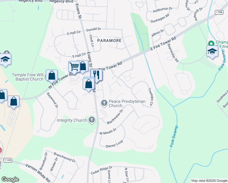 map of restaurants, bars, coffee shops, grocery stores, and more near 111 Hidden Branches Close in Winterville