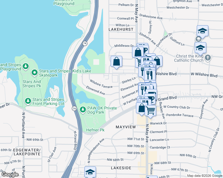 map of restaurants, bars, coffee shops, grocery stores, and more near 7802 Old Hickory Lane in Oklahoma City