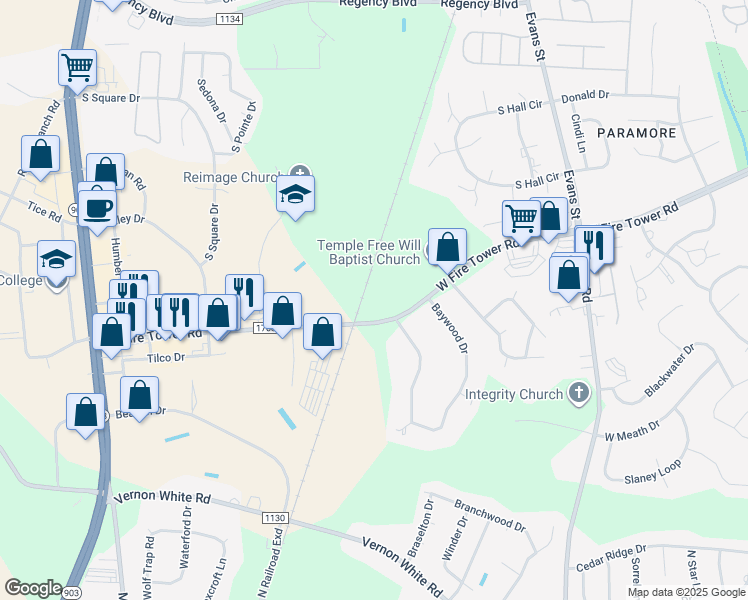 map of restaurants, bars, coffee shops, grocery stores, and more near 402 West Fire Tower Road in Winterville