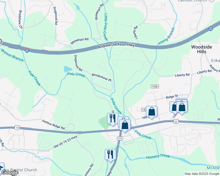 map of restaurants, bars, coffee shops, grocery stores, and more near 51 Brookstone Place in Candler