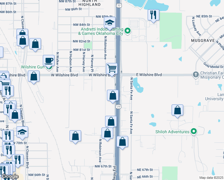 map of restaurants, bars, coffee shops, grocery stores, and more near 7701 Broadway Extension Highway in Oklahoma City