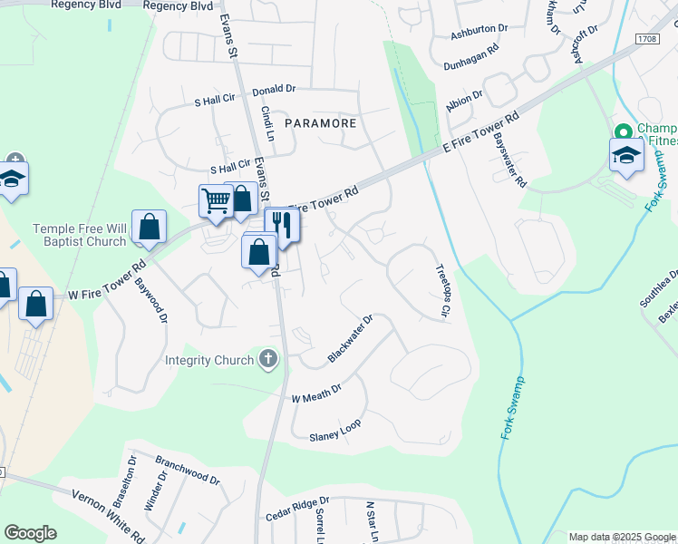 map of restaurants, bars, coffee shops, grocery stores, and more near 1516 Birch Place in Winterville