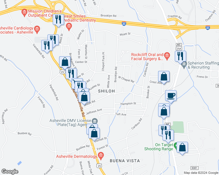 map of restaurants, bars, coffee shops, grocery stores, and more near 22 White Avenue in Asheville