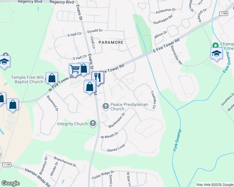 map of restaurants, bars, coffee shops, grocery stores, and more near 1516 Birch Place in Winterville
