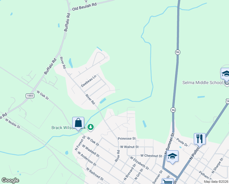 map of restaurants, bars, coffee shops, grocery stores, and more near 305 Driftwood Court in Selma