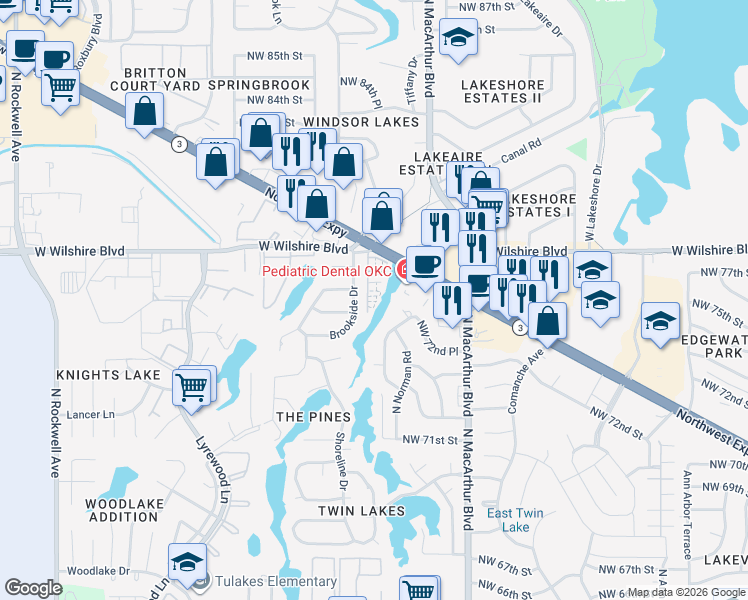 map of restaurants, bars, coffee shops, grocery stores, and more near 6036 Northwest Expressway in Warr Acres