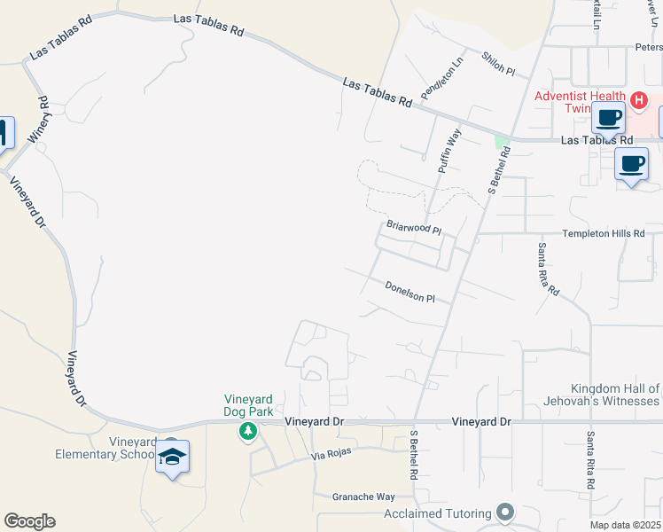 map of restaurants, bars, coffee shops, grocery stores, and more near 1775 Donelson Place in Templeton