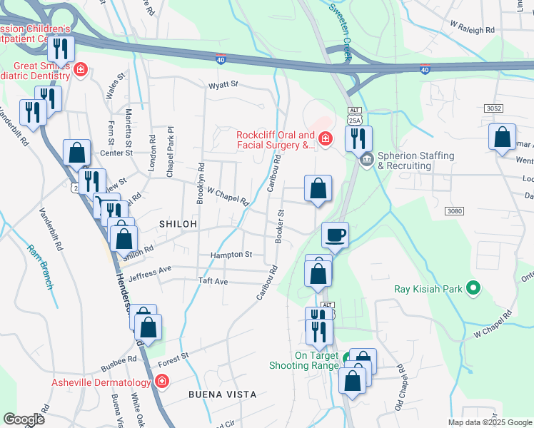 map of restaurants, bars, coffee shops, grocery stores, and more near 428 Caribou Road in Asheville