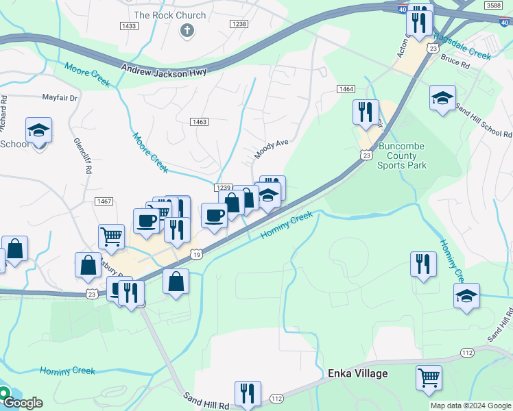 map of restaurants, bars, coffee shops, grocery stores, and more near 5 Moody Avenue in Candler