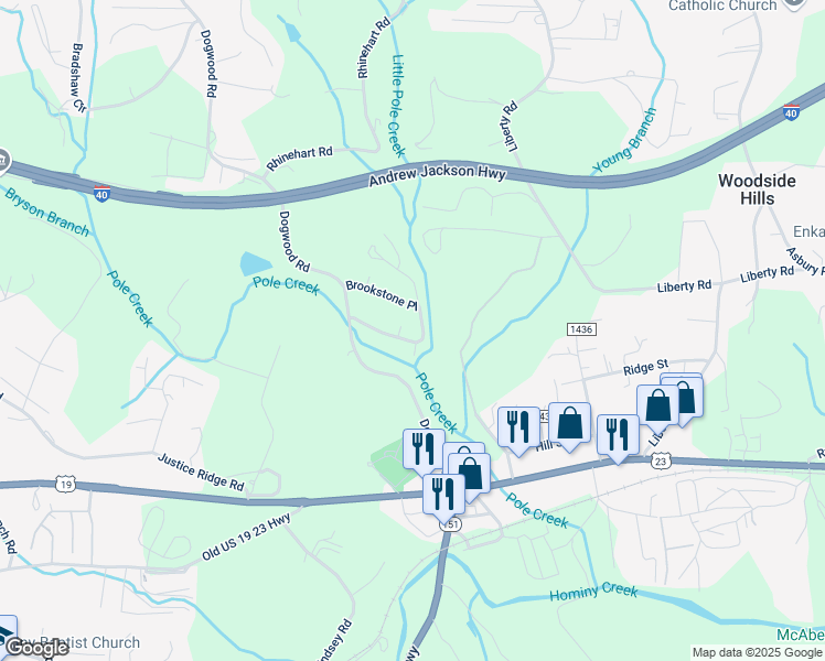 map of restaurants, bars, coffee shops, grocery stores, and more near 51 Brookstone Place in Candler