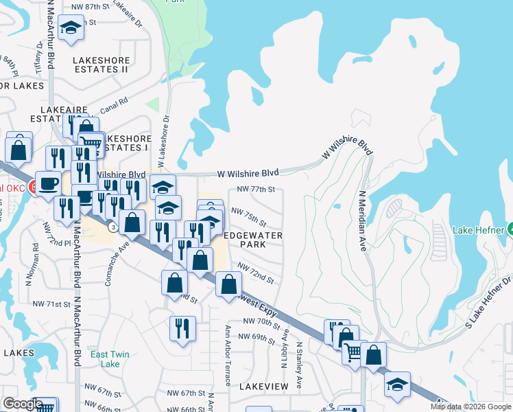 map of restaurants, bars, coffee shops, grocery stores, and more near 4729 Northwest 76th Street in Oklahoma City