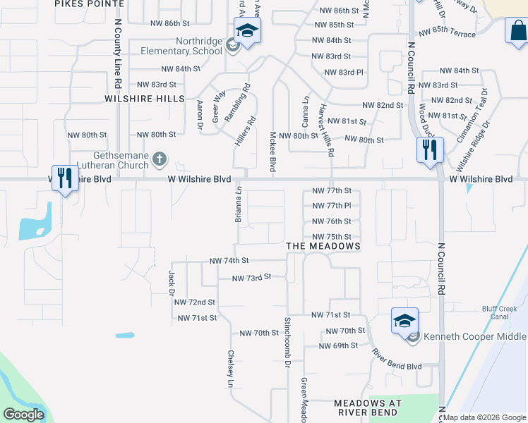 map of restaurants, bars, coffee shops, grocery stores, and more near 9202 Northwest Wilshire Boulevard in Oklahoma City