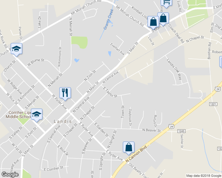 map of restaurants, bars, coffee shops, grocery stores, and more near 503 North Chapel Street in Landis