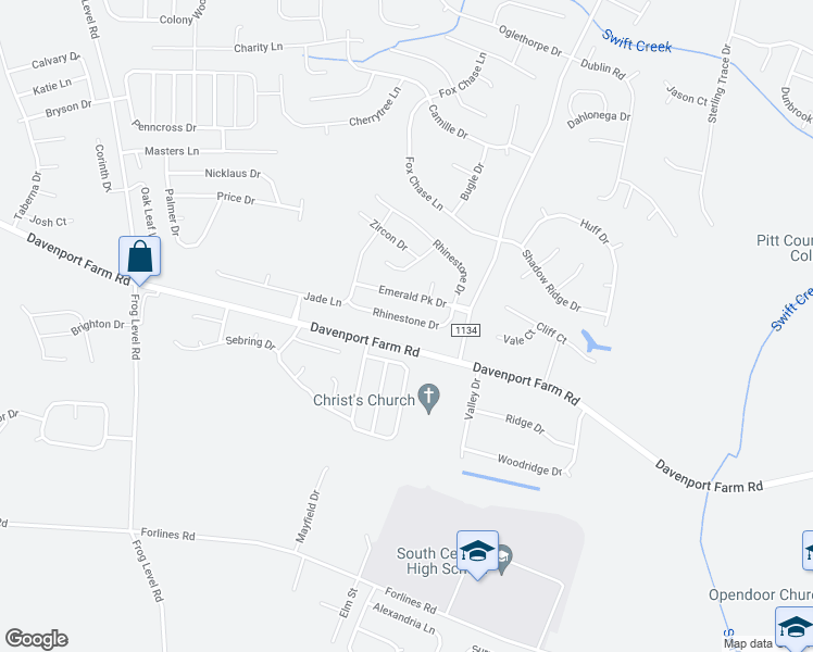 map of restaurants, bars, coffee shops, grocery stores, and more near 2641 Rhinestone Drive in Winterville