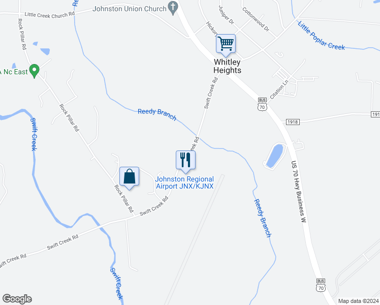 map of restaurants, bars, coffee shops, grocery stores, and more near Swift Creek Road in Smithfield
