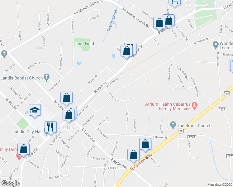 map of restaurants, bars, coffee shops, grocery stores, and more near 504 North Chapel Street in Landis