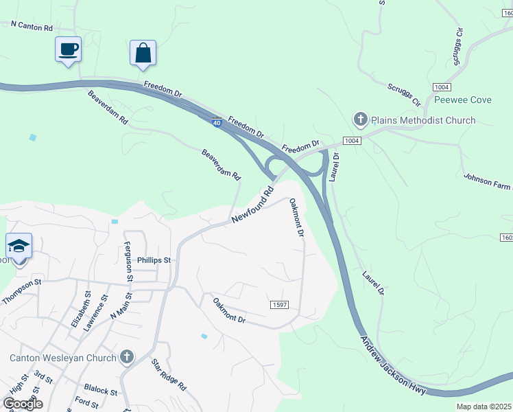 map of restaurants, bars, coffee shops, grocery stores, and more near 1553 Newfound Road in Canton