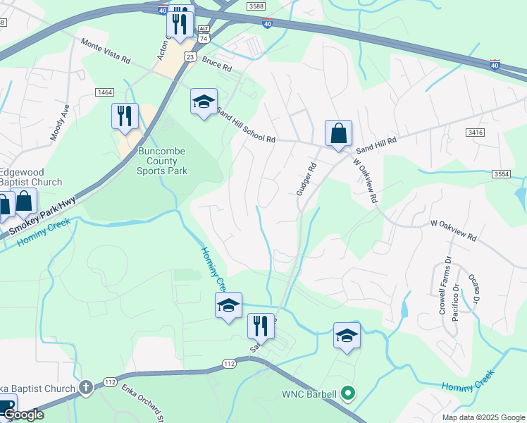 map of restaurants, bars, coffee shops, grocery stores, and more near 58 Kirby Road in Asheville