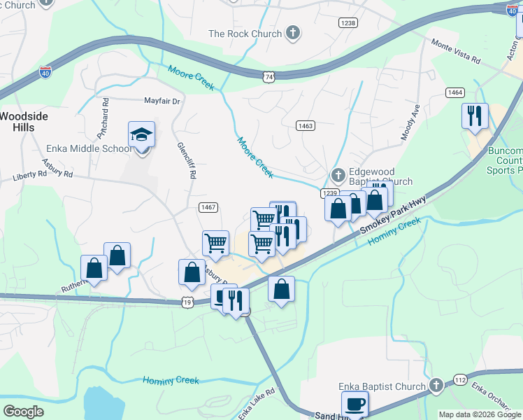 map of restaurants, bars, coffee shops, grocery stores, and more near 9B Heather Way in Candler