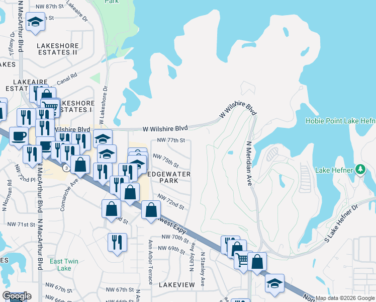 map of restaurants, bars, coffee shops, grocery stores, and more near 7713 Rumsey Road in Oklahoma City