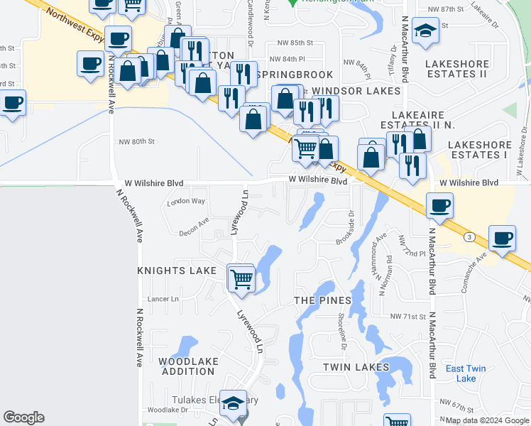 map of restaurants, bars, coffee shops, grocery stores, and more near 7806 Lyrewood Lane in Oklahoma City