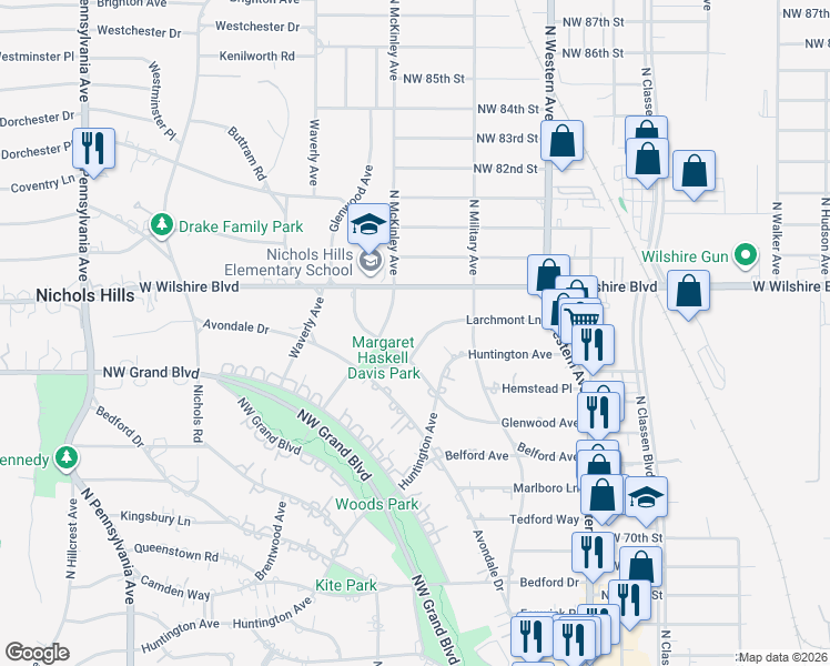 map of restaurants, bars, coffee shops, grocery stores, and more near 1211 Larchmont Lane in Nichols Hills
