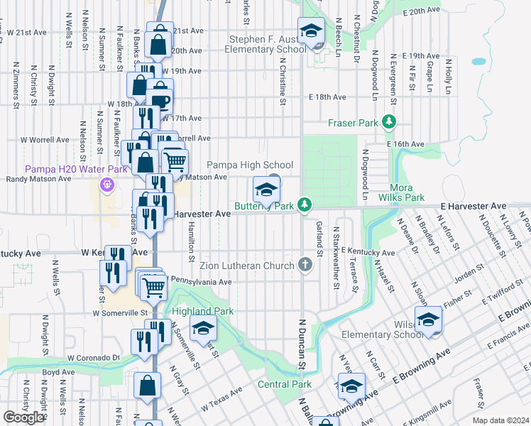 map of restaurants, bars, coffee shops, grocery stores, and more near 1398 N Mary-Ellen St in Pampa