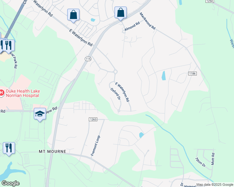 map of restaurants, bars, coffee shops, grocery stores, and more near 150 Oxford Drive in Mooresville