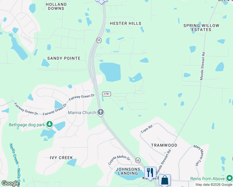 map of restaurants, bars, coffee shops, grocery stores, and more near 7897 Denson Road in Wake County