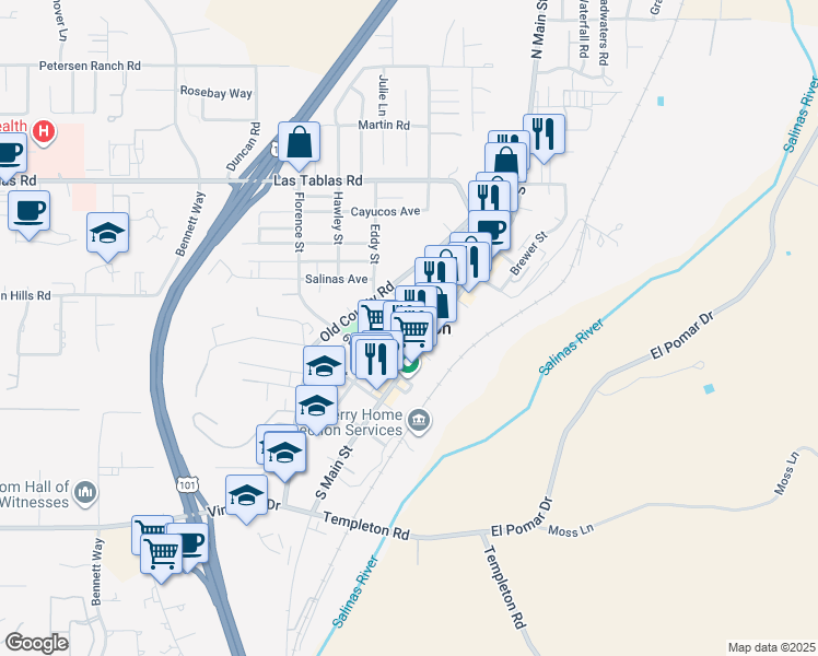 map of restaurants, bars, coffee shops, grocery stores, and more near in Templeton