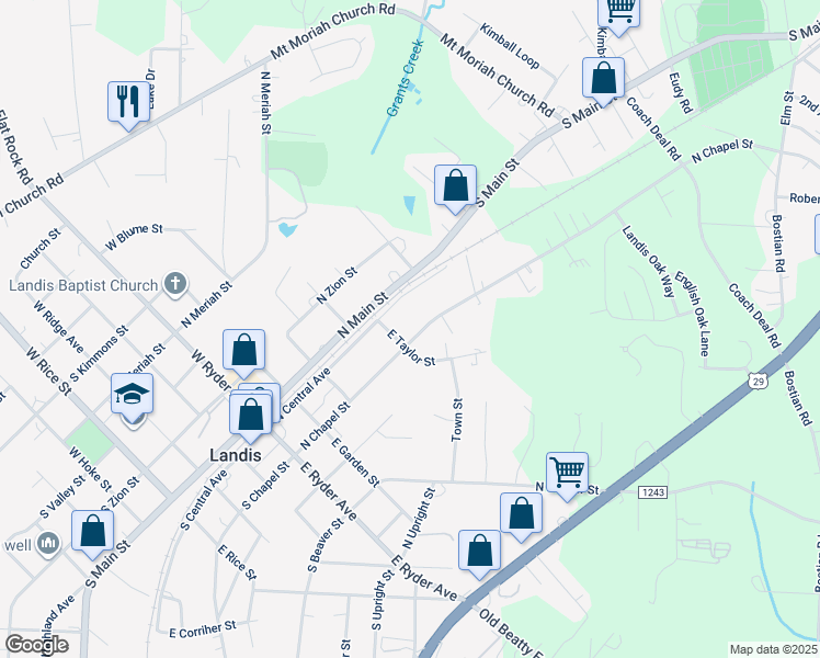 map of restaurants, bars, coffee shops, grocery stores, and more near 503 North Chapel Street in Landis