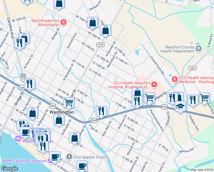 map of restaurants, bars, coffee shops, grocery stores, and more near 214 East 10th Street in Washington