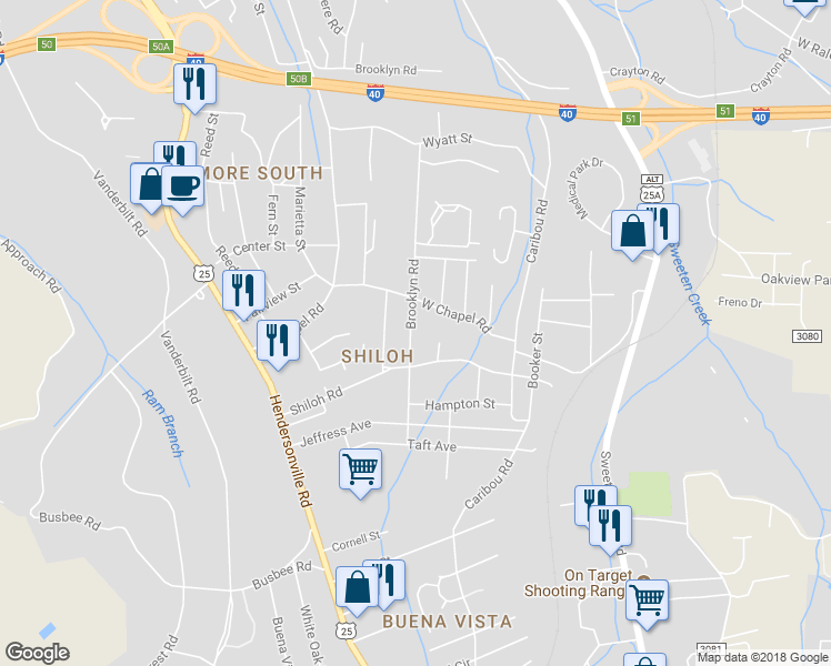 map of restaurants, bars, coffee shops, grocery stores, and more near 382 Brooklyn Road in Asheville