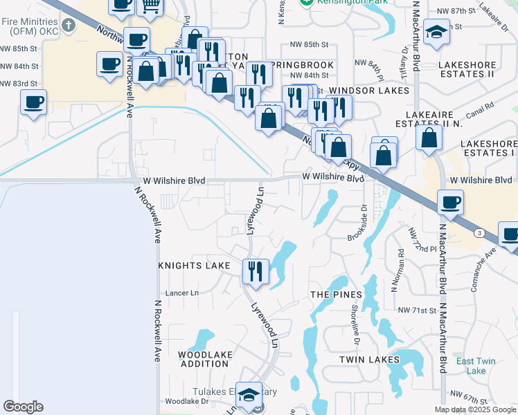 map of restaurants, bars, coffee shops, grocery stores, and more near 7804 Lyrewood Lane in Oklahoma City