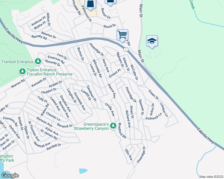 map of restaurants, bars, coffee shops, grocery stores, and more near Pierce Avenue in Cambria